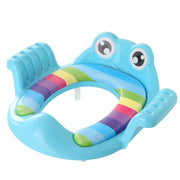 a blue frog toy with a rainbow striped ring