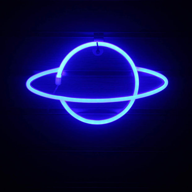 a blue neon sign with a black background