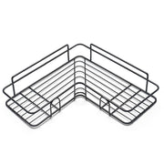 a metal shelf with a wire basket on top of it