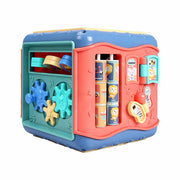 a blue and red toy box with various items in it