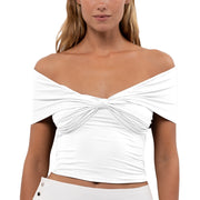 Solid Color Sleeve Off-shoulder Pleated Tight Cropped Top