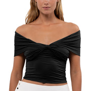 Solid Color Sleeve Off-shoulder Pleated Tight Cropped Top