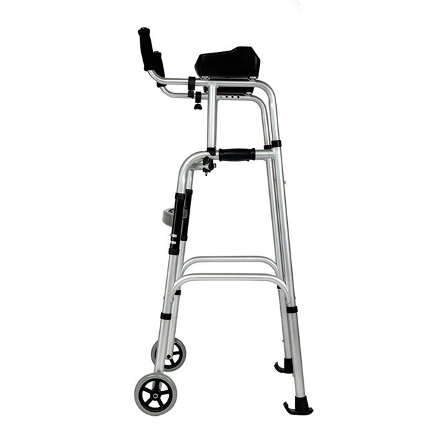 a silver walker with wheels and a seat