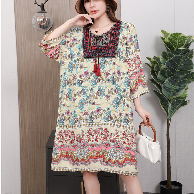 Cotton Silk Floral Dress Vintage Women's Clothing
